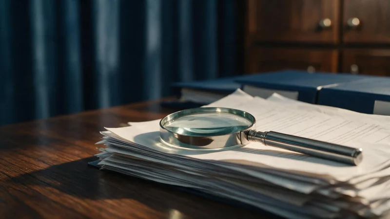 Lupa sobre documentos em mesa de escritorio, representando a consulta de marca no INPI